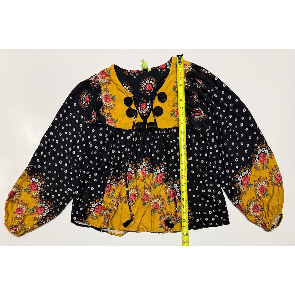 FARM Rio Mixed Floral Print Boho Blouse Black‎ Mustard Yellow Tassel XS 260548